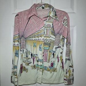 Helen Sue 1970s Art Deco Car Show Novelty Print Top Vintage Sz M